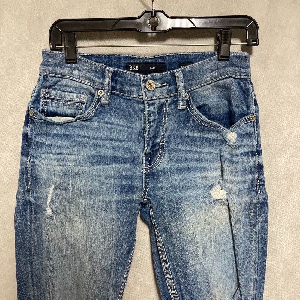 BKE Jeans Men's 28X30 Alec Buckle Denim Distressed Straight Whiskered Stone Wash